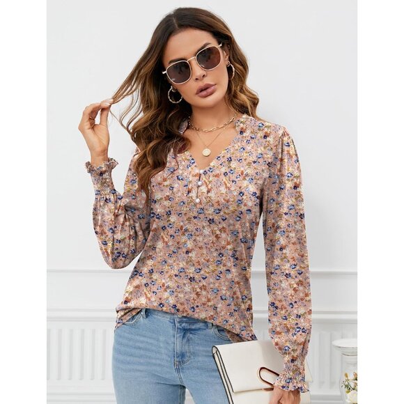 Women’s V Neck Puff Long Sleeve Blouse Casual Dressy Fall Top Large - Picture 2 of 4